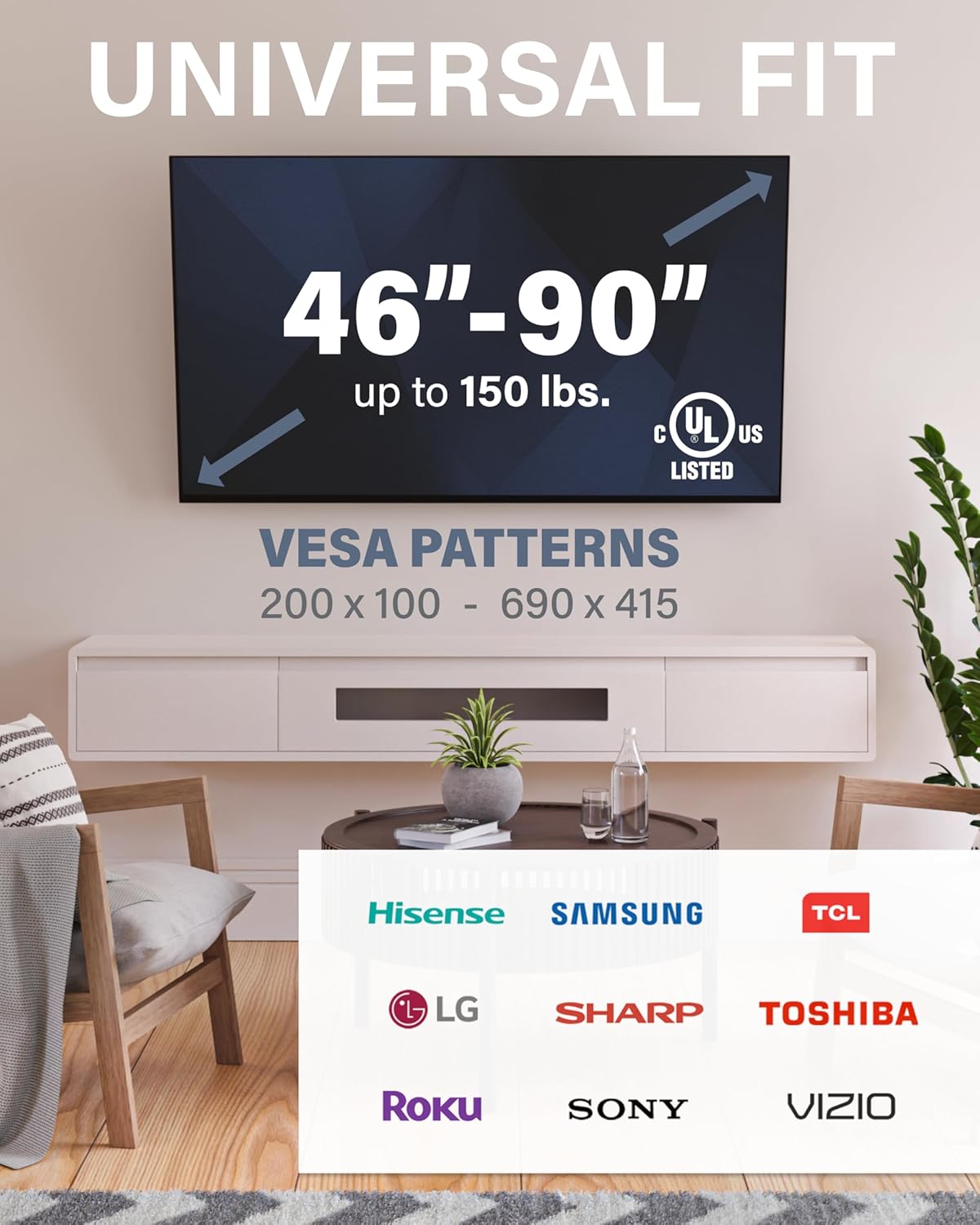 SANUS Advanced Tilt Premium Universal TV Wall Mount for 46” to 90” Flat-Panel TVs - Low Profile, Smooth Extension & Easy to Install - Model VLT6-B1