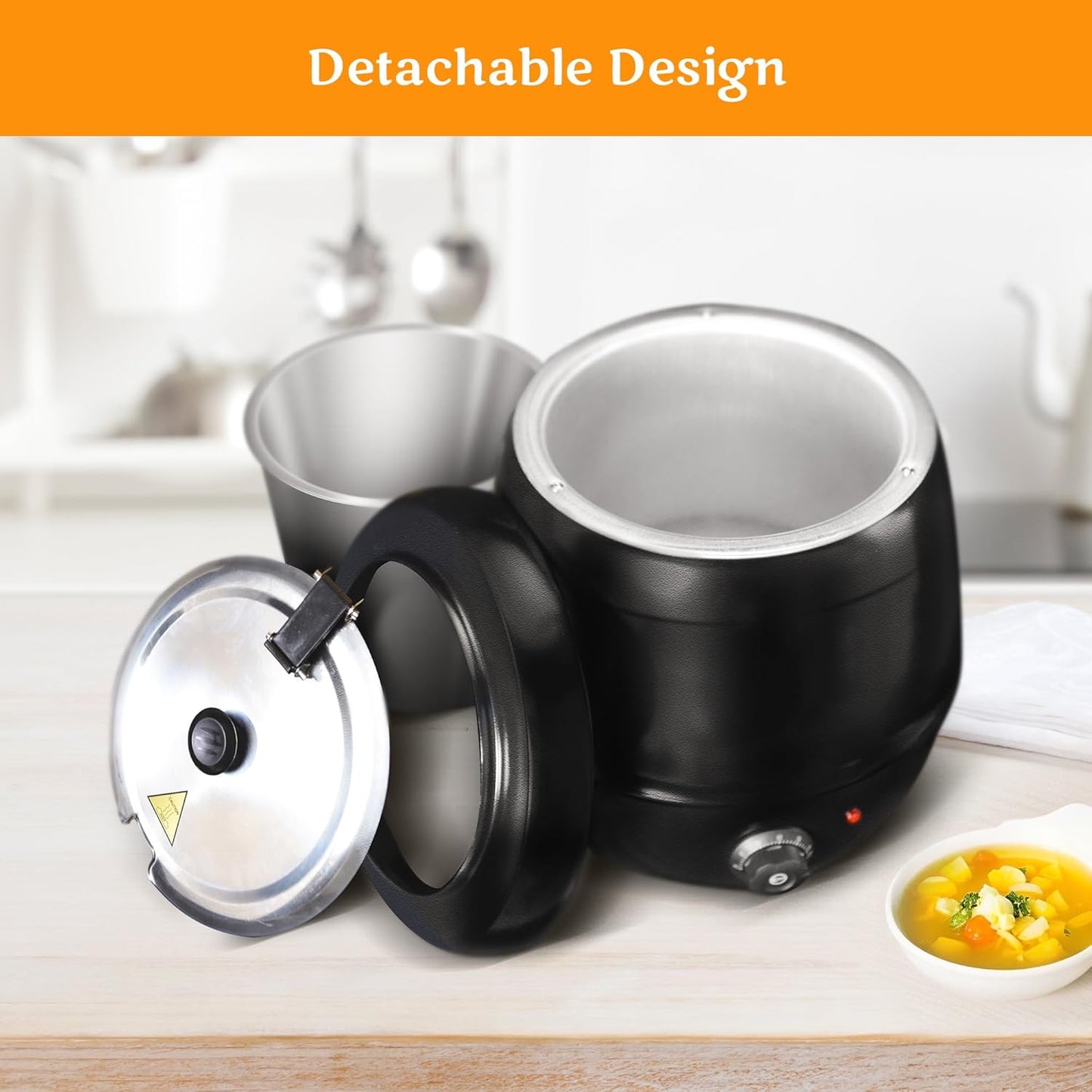 CLIVIA Soup Warmer, 11 Qt Soup Kettle Warmer Electric Commercial Food Kettle Warmer Coountertop with Hinged Lid & Detachable Stainless Steel Insert Pot for Restaurant/Buffet/Hotel/Family, Black