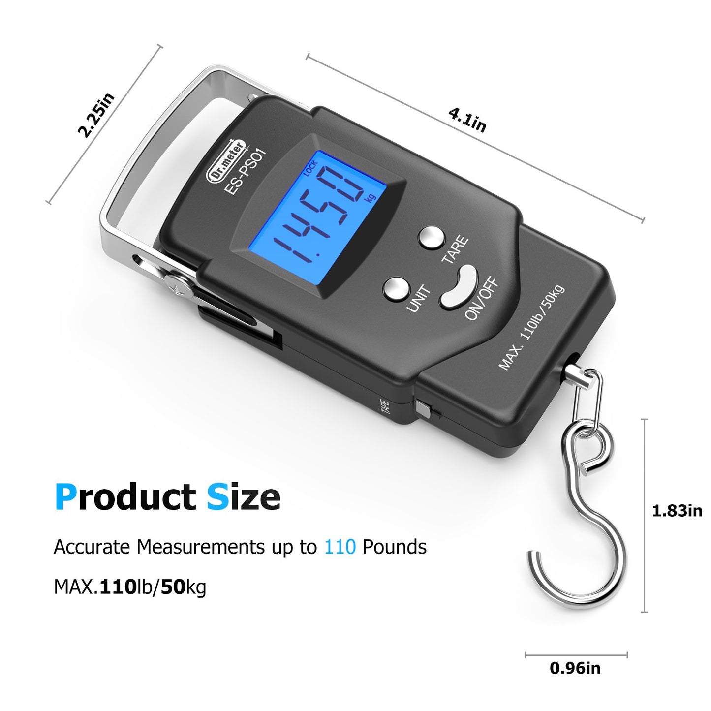 Fish Scale, Dr.meter 110lb/50kg Backlit LCD Display Digital Scale with Built-in Measuring Tape - Electronic Fishing Postal Hanging Hook Scale with 2 AAA Batteries, Pocket Size