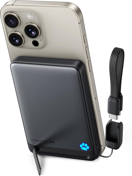 INIU Magnetic Power Bank, Qi2 Certified, Slimmest 45W 10000mAh Magnetic Portable Charger, Powerbank with USB C Cable & Kickstand, Fast Charging Battery Pack, for iPhone 16 15 14 13 12 Series Only