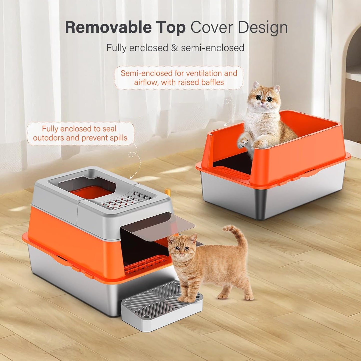 Stainless Steel Litter Box with Lid, XL Extra Large Enclosed Cat Litter Box for Big Cats 110° Flip Cover, Top Entry Metal High Sided Litter Box & Pedal & Scoop, Anti-Leakage (Grey)