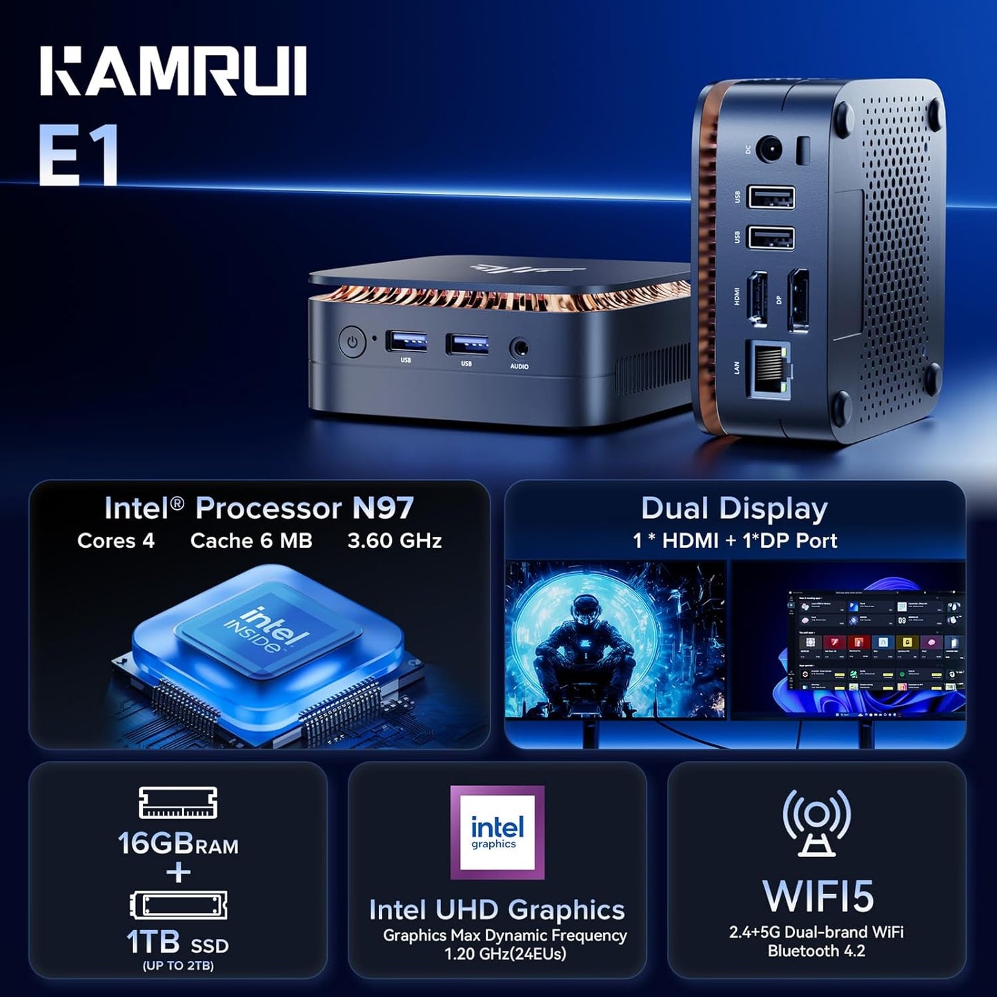 KAMRUI AK1PLUS Mini PC W-11 Pro, 12th Gen N95 Processor (up to 3.4GHz), Mini Desktop Computers with 16GB RAM 512GB M.2 2.5" SSD, Mini Computer Support Dual 4K UHD for Home Business Office