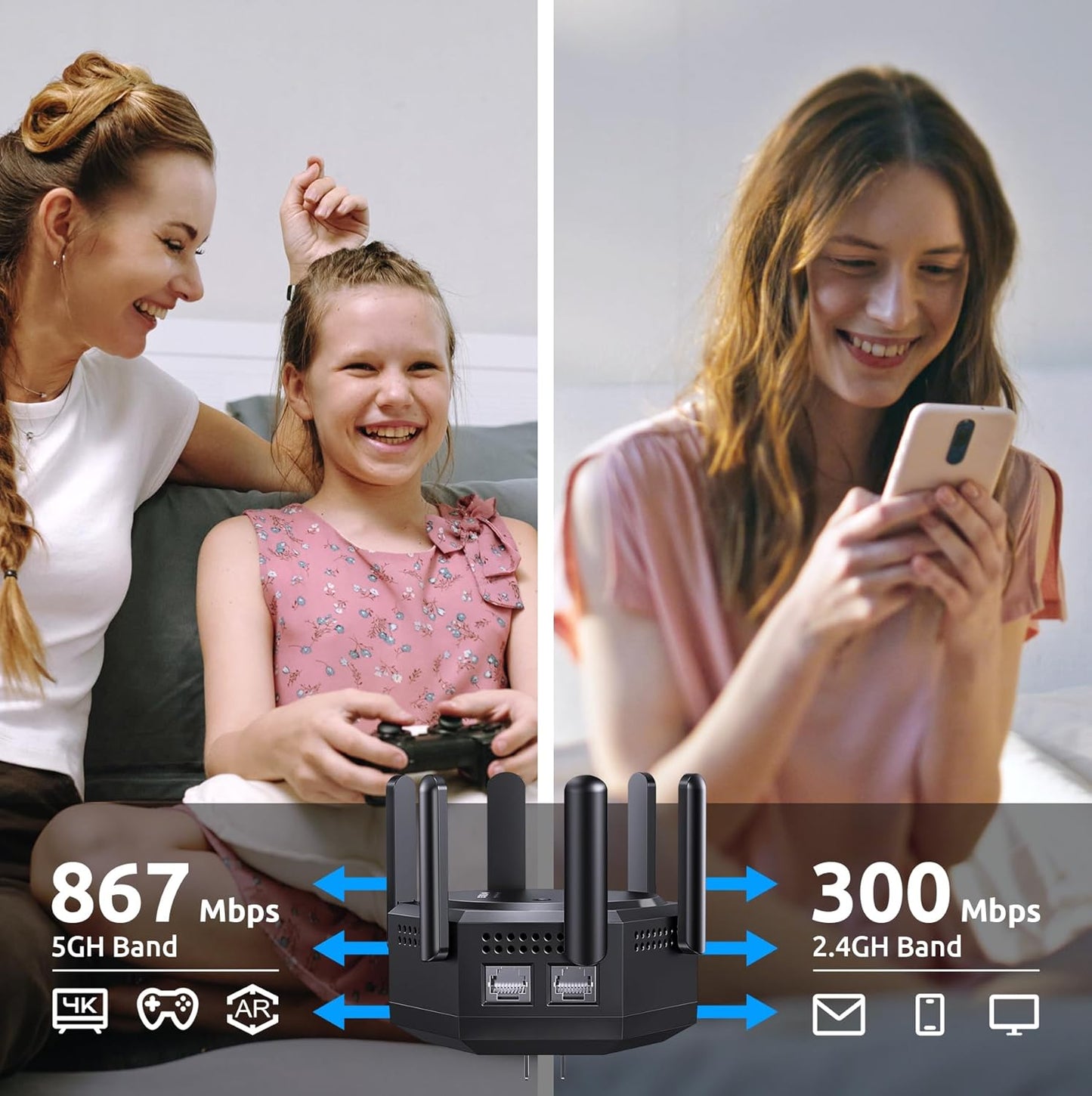 WiFi Extender, WiFi Repeater, WiFi Booster, 1200Mbps High-Speed,10,000 Sq. Ft Coverage,6 External Antennas,60 Devices, Dual Band 5.8GHz&2.4GHz Internet Booster for Home, Office, Multi-Story House