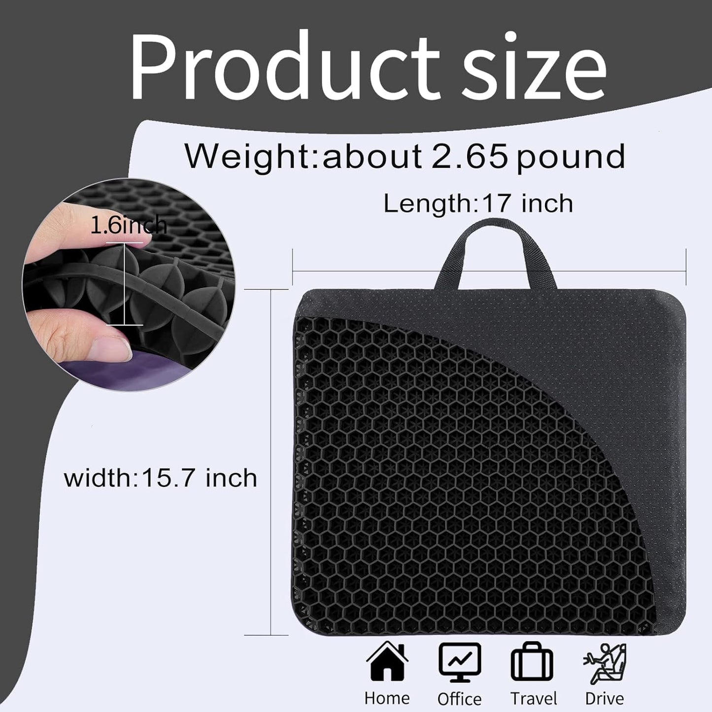 Gel Seat Cushion -for Long Sitting, Double Layer Breathable Honeycomb Chair Cushion with Non-Slip Cover for Help Relieve Pain, for Office Chair, Cars, Long Trips,Durable,Portable