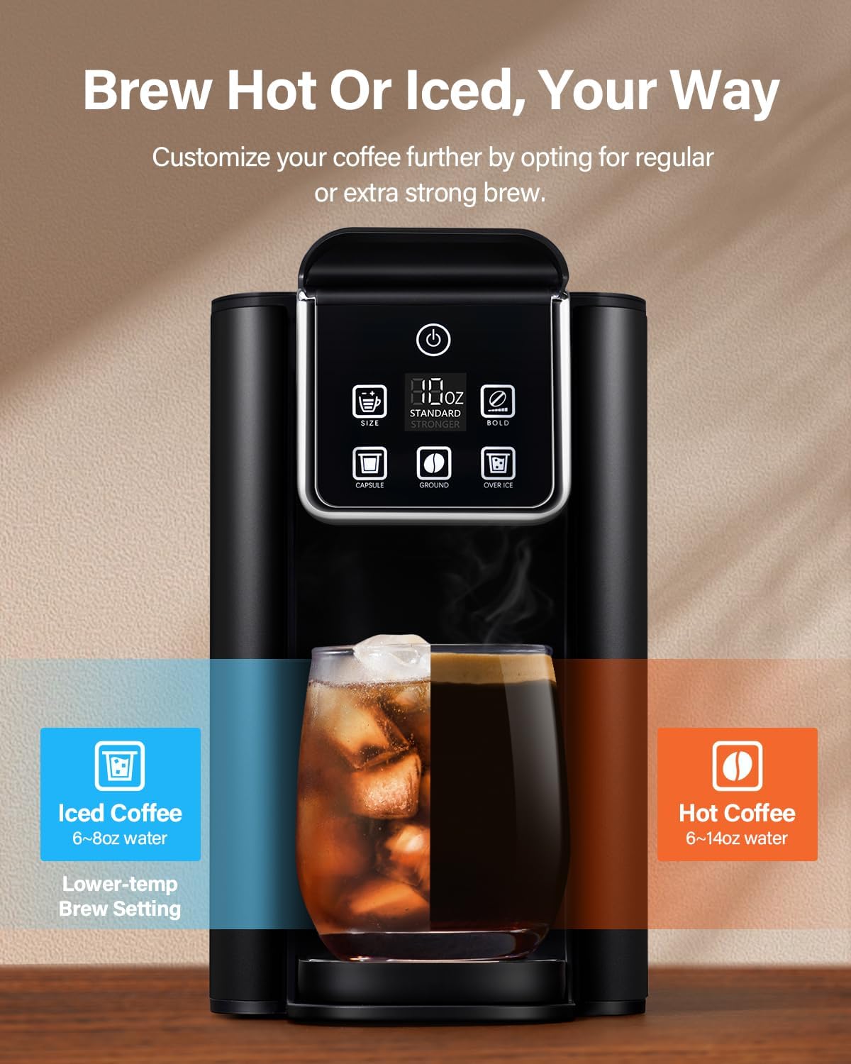 SHARDOR Single Serve Coffee Maker, Hot and Iced Coffee Machine for K Cup Pods & Ground Coffee, 6 to 14 Oz Brew Sizes, with 50oz Large Water Tank, Removable Drip Tray, Black