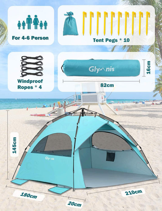 Glymnis Beach Tent Pop Up Beach Tent XL 4-6 Person Easy Setup Portable Sun Shelter UPF 50+ Sun Shade Tent with Carry Bag for Beach Garden Picnic
