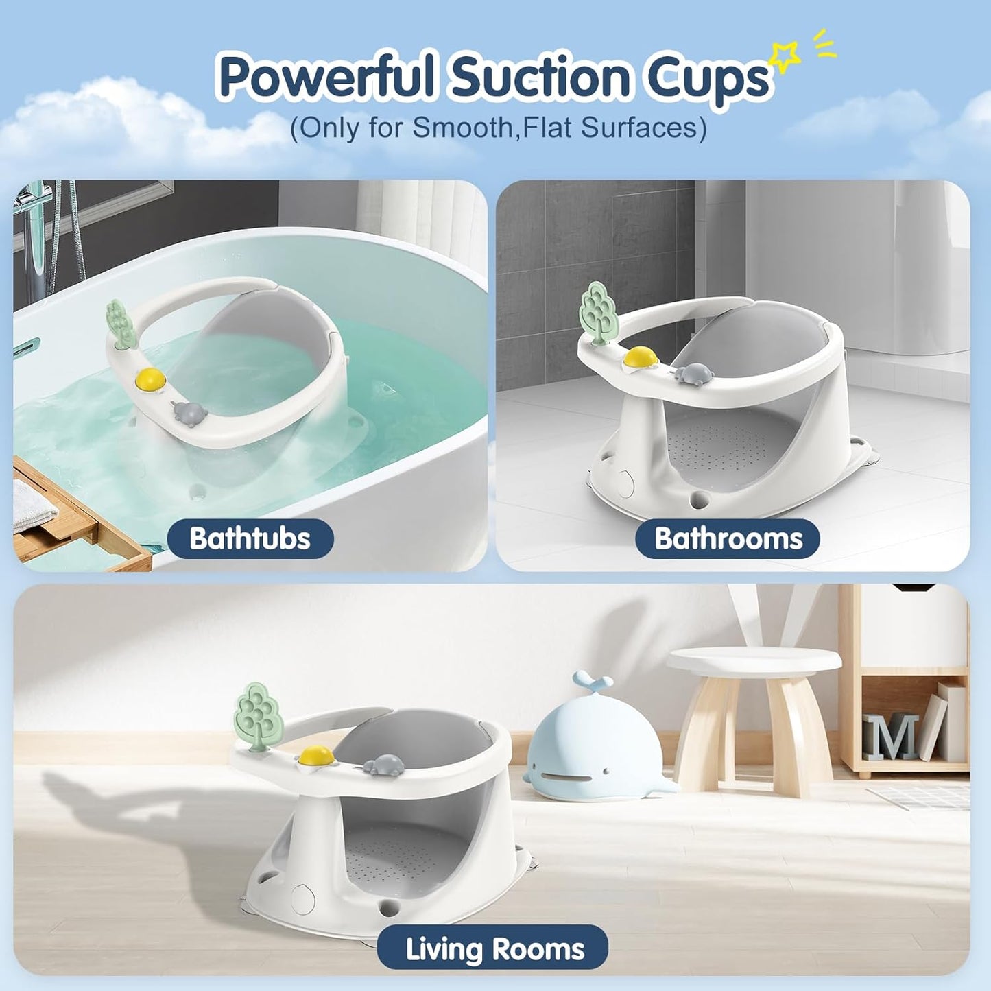 Baby Bath Seat for Babies 6 Months & Up, Non-Slip with Suction Cups, Safe & Comfortable Infant Bath Seat for Bathtub, Grey