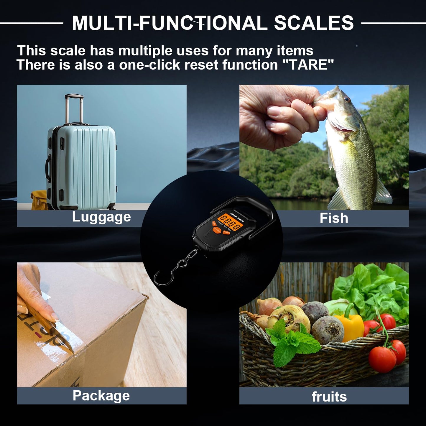 GRAM PRES Fish Scale 110lb/50kg,Digital Fishing Scale with Ruler,Electronic Portable Hanging Luggage Weight Scale with Hook and Fish Lip Gripper,Lb/oz/Kg Mode, Batteries Included