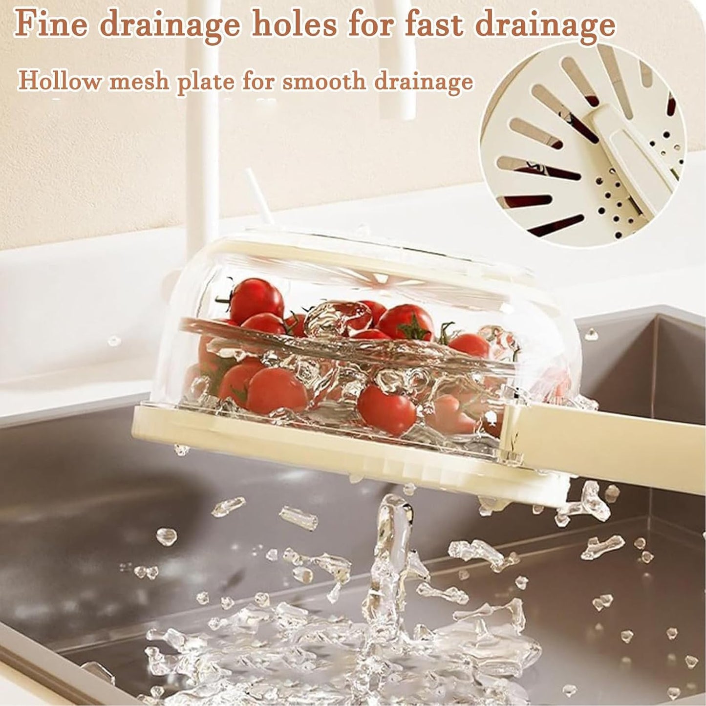 Fruit Vegetable Draining Bowl, Kitchen Strainer with Foldable Handle, Lid, Drain Tray, Rotating Fruit and Vegetable Washing Colander for Salad Mixing, Fruit Washing (White)