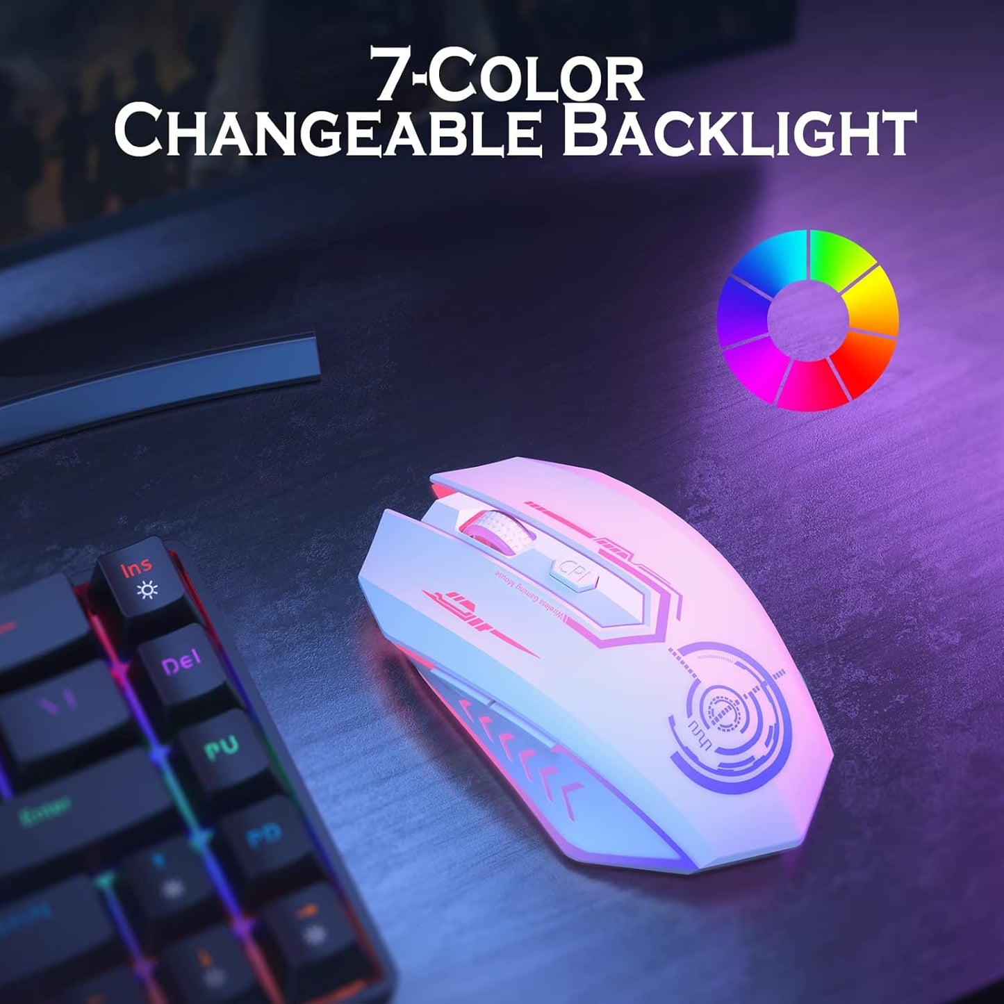 Wireless Gaming Mouse Up to 10000 DPI, UHURU Rechargeable USB Wireless Mouse with 6 Buttons 7 Changeable LED Color Ergonomic Programmable MMO RPG for PC Laptop, Compatible with Windows Mac