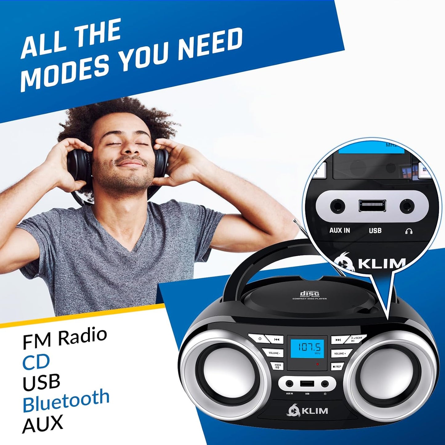 KLIM B3 Portable CD Player Boombox with FM Radio, Bluetooth, USB, AUX, and FM Radio Dual Speakers, EQ Sound Effects, 20 Preset Stations, Compact and Lightweight - Black No RGB