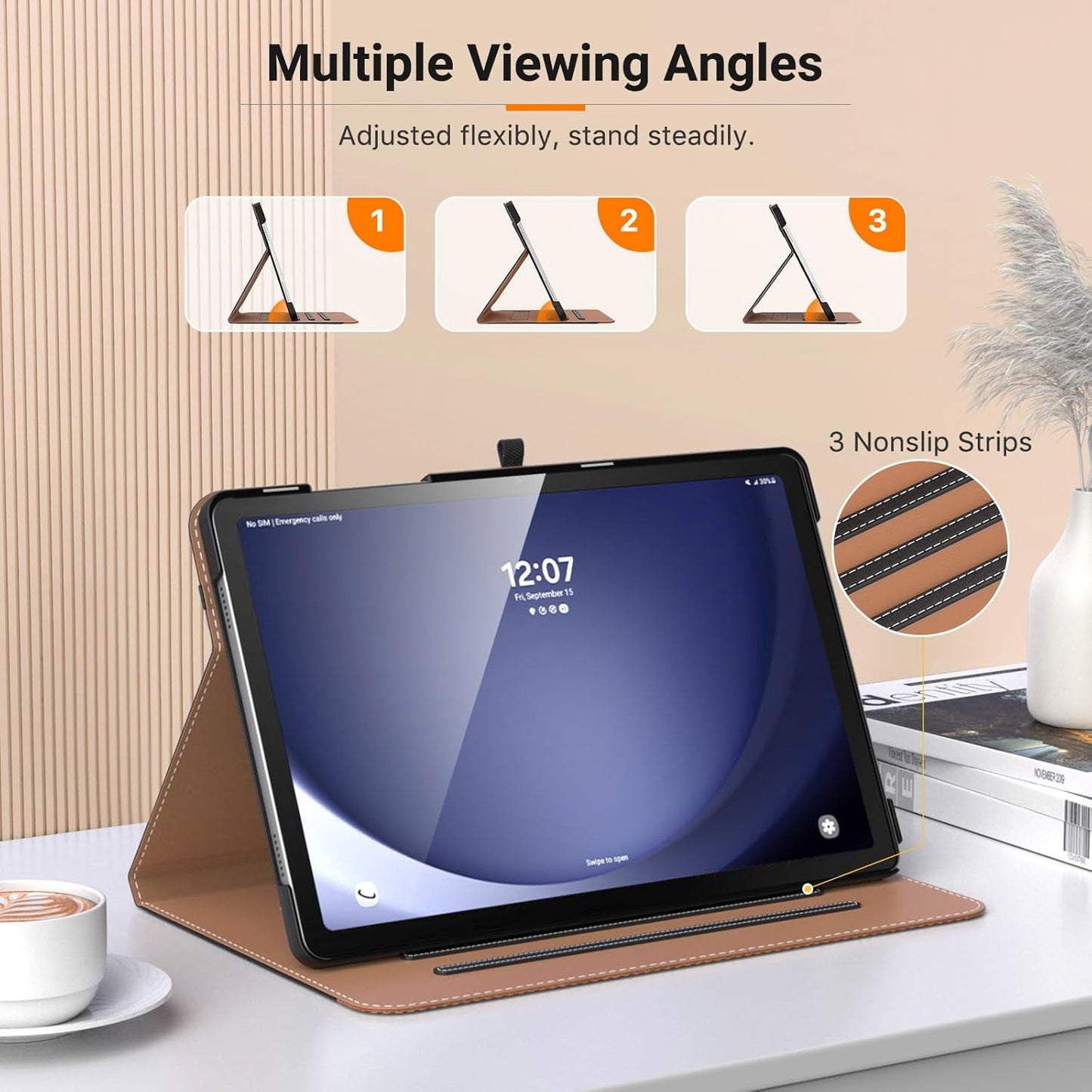 MoKo Case for Samsung Galaxy Tab A9 Plus 11" 2023 (SM-X210/SM-X216/SM-X218), PU Leather Multi-Angle Viewing Folding Stand Cover Case with Hand Strap, Front Pocket, Auto Wake/Sleep, Denim Blue & Brown