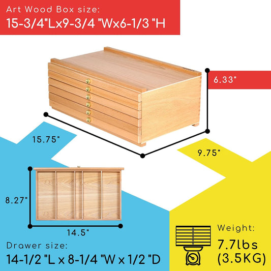 MEEDEN 6-Drawer Artist Supply Storage Box - Portable Foldable Multi-Function Beech Wood Artist Tool & Brush Storage Box with Compartments & Drawer for Pastels, Pencils, Pens, Brushes, Stamp