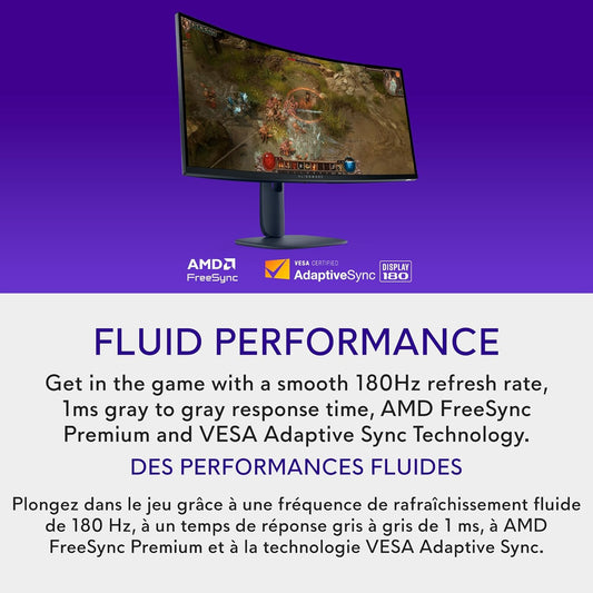 Alienware 34 Curved Gaming Monitor – AW3425DWM - 34-inch WQHD (3440 x 1440) 180Hz 1ms Display, 1500R Curve, AMD FreeSync Premium, VESA AdaptiveSync, VESA DisplayHDR 400, 360° Ventilation - PuriLite