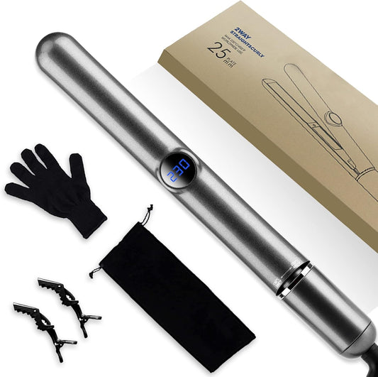 Saoilli Hair Straightener and Curler 2 in 1,Flat Iron Hair Straightener,Straightener and Curling Iron in One,Negative Ion Flat Iron with Adjustable Temp for All Hair Types,LCD Display(Gray)