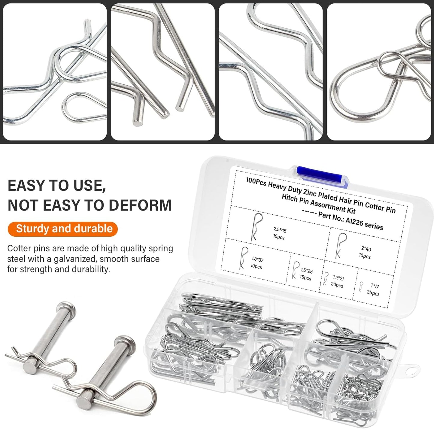 OLCANA 25 Pieces Cotter Pin Assortment Kit 5 Size M1.2 -M3.5 Stainless Steel R Hitch Pin Clips for Tractor Truck Tillage Machine, Retaining Pins