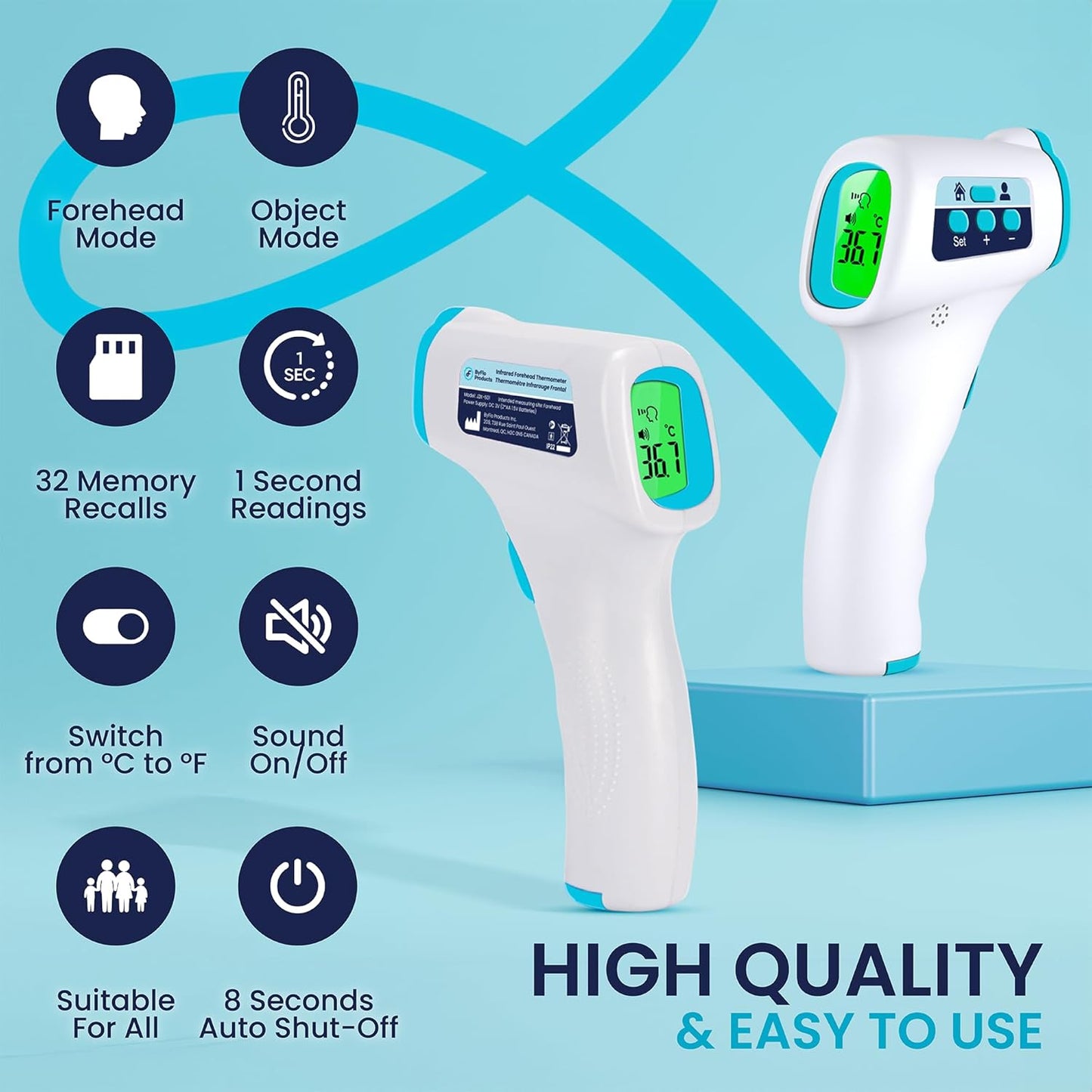 ByFloProducts, Forehead Thermometer, Non Touch Digital Thermometer for Adult and Baby, Digital Infrared Thermometer, Fast and Accurate Reading with Fever Alarm, Proudly Canadian Business