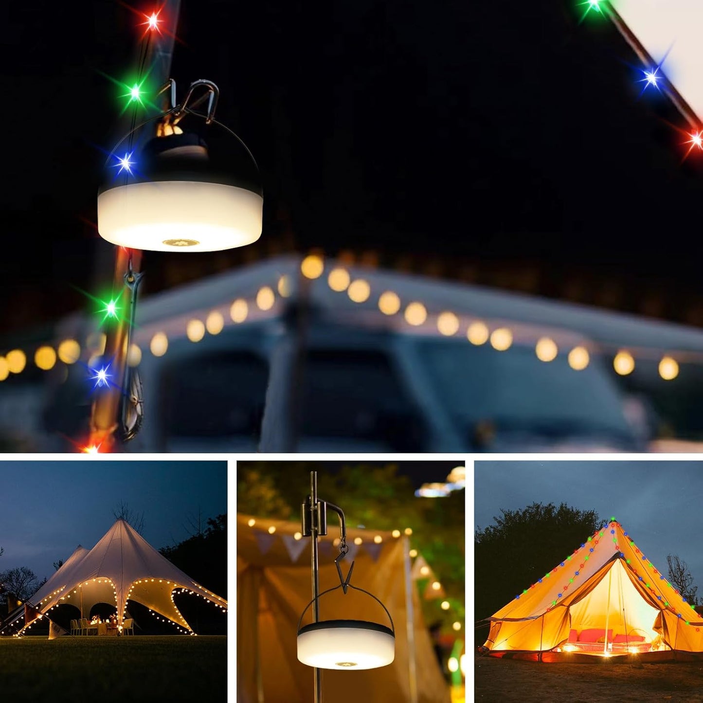 RISEMART Camping String Lights Retractable 33FT, Camping Lights with Solar Charging Waterproof Rollable String Lights Outdoor with 5 Lighting Modes for Tent Hiking Yard Party Festival Decoration