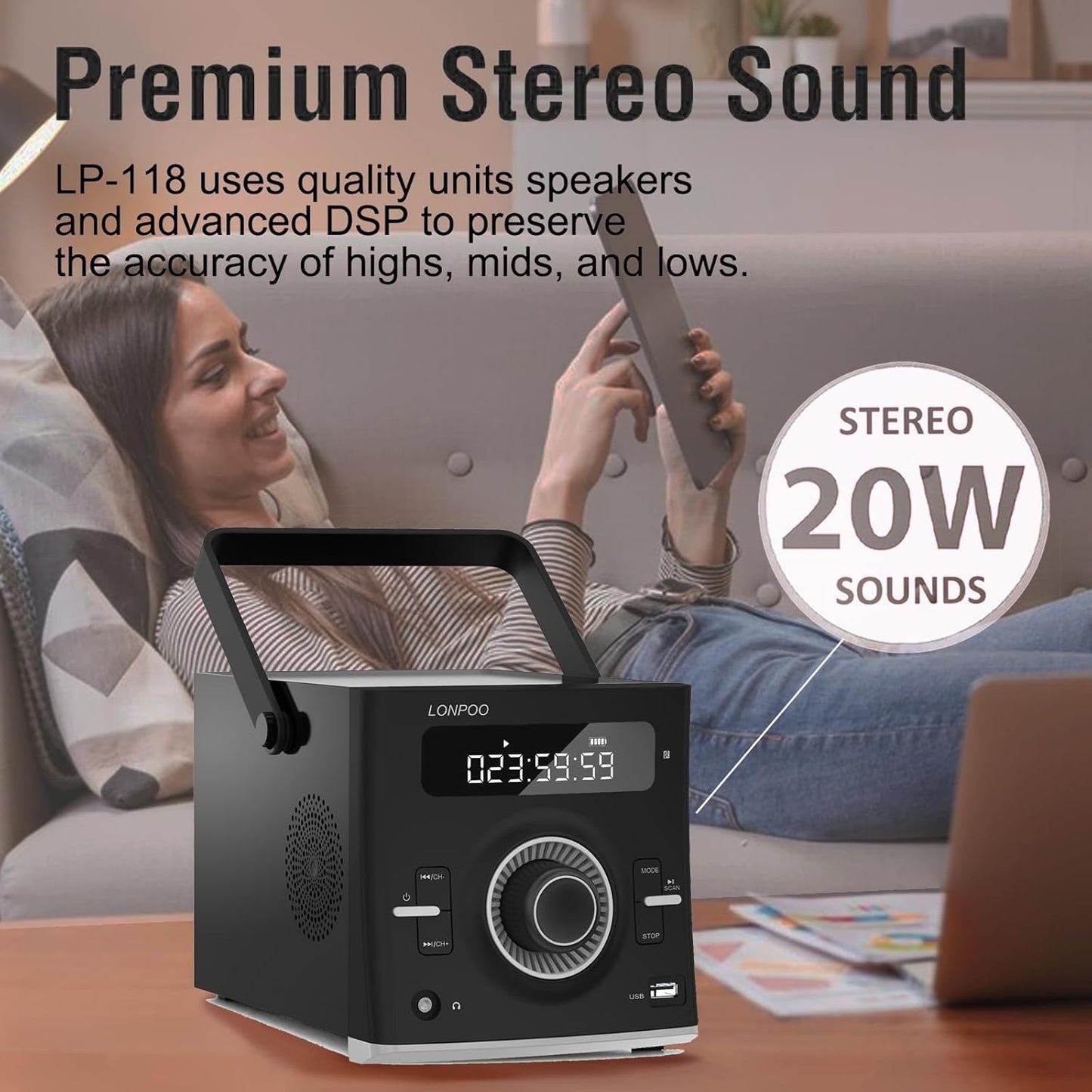 LONPOO Portable CD Player | Stereo Bluetooth Boombox | FM Radio Turn Knob | Auto Lid Open Button | Big LCD Display | Concealed Ports of USB/AUX/Earphone | Rear Power Protection Button (LP-D12)