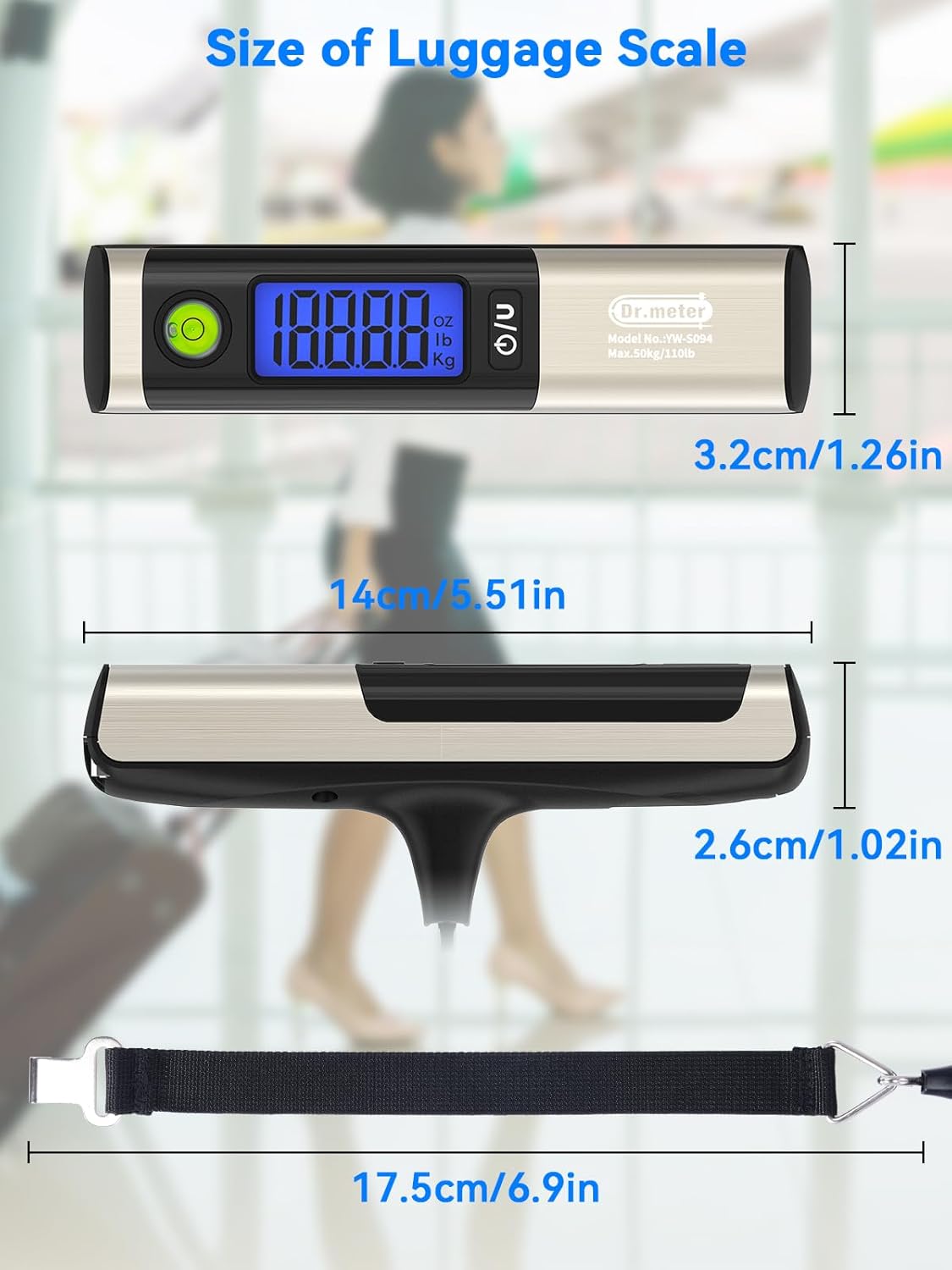 Luggage Scale, Dr.meter Digital Hanging Weight Scale with Tape Ruler, Portable Suitcase Scale 110lb/50kg Backlight LCD Display Electronic Scale Travel Essentials Traveler Gifts, Overload Alarm-Silver - PuriLite