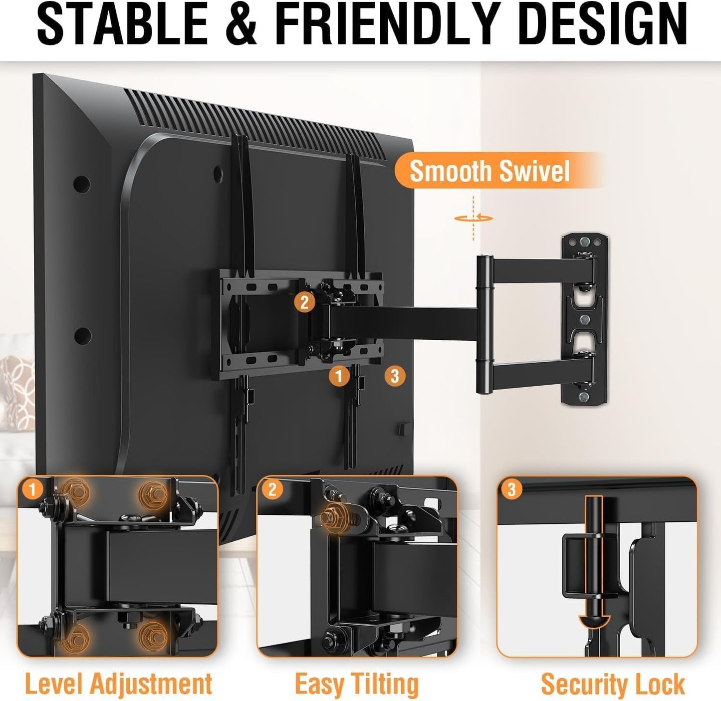 TV Wall Mount Swivel and Tilt for Most 26-55" Flat Curved TVs, Corner TV Mount Single Stud for Perfect Center, Max VESA 400x400mm, 77 lbs. Full Motion Wall Mount TV Bracket by ELIVED