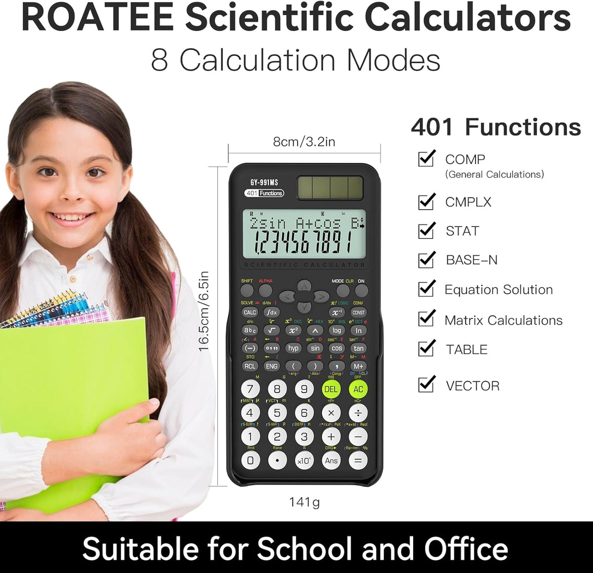 ROATEE 991MS Scientific Calculator | Engineering Calculator | School Calculator | Middle School Calculator | 2-Line Display Calculator | Solar & Battery Powered Calculator - PuriLite