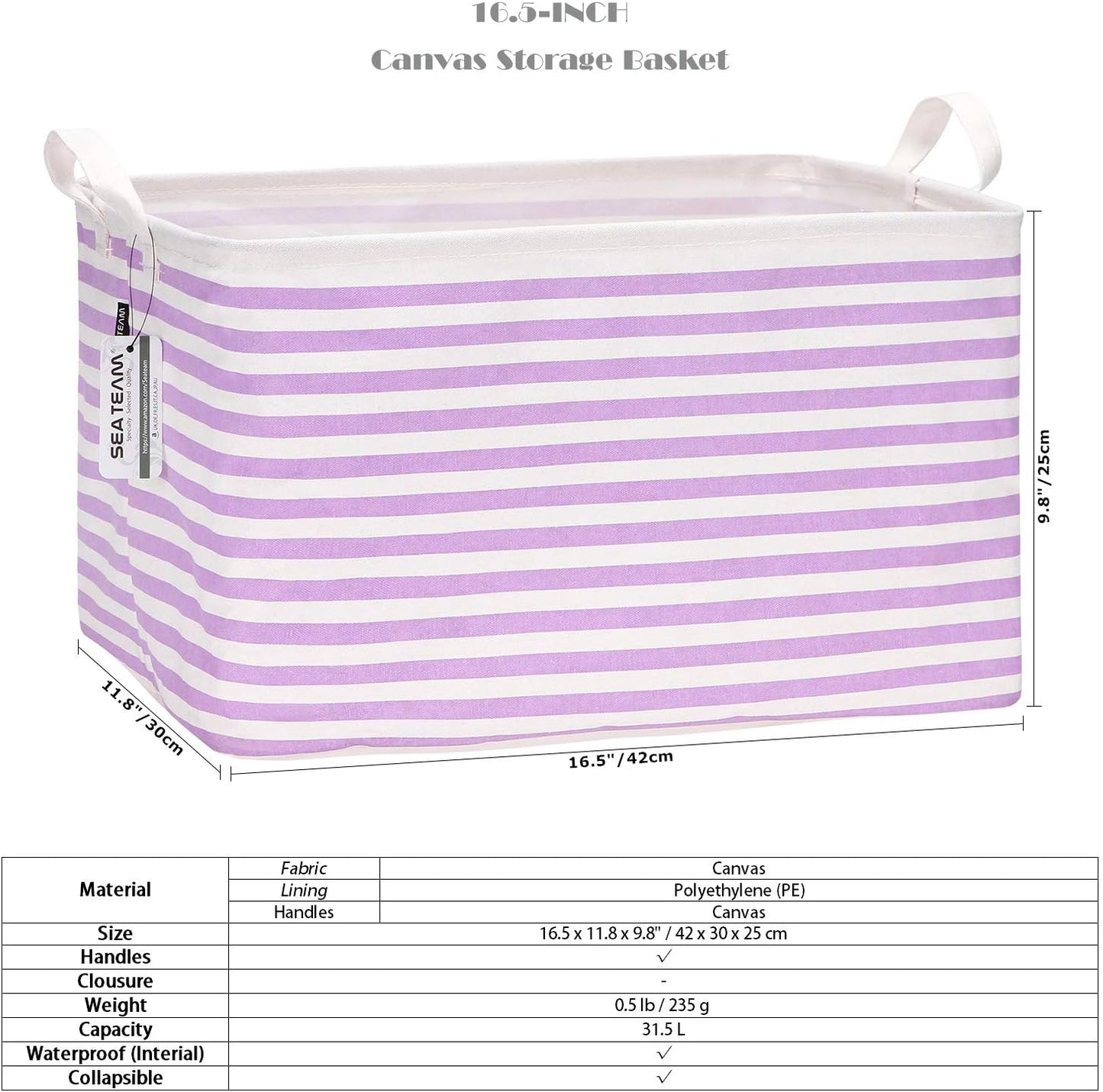 Sea Team 16.5 x 11.8 x 9.8 inches Square Canvas Fabric Storage Bins Shelves Storage Baskets Organizers for Nursery & Kid's Room, Grey Stripe