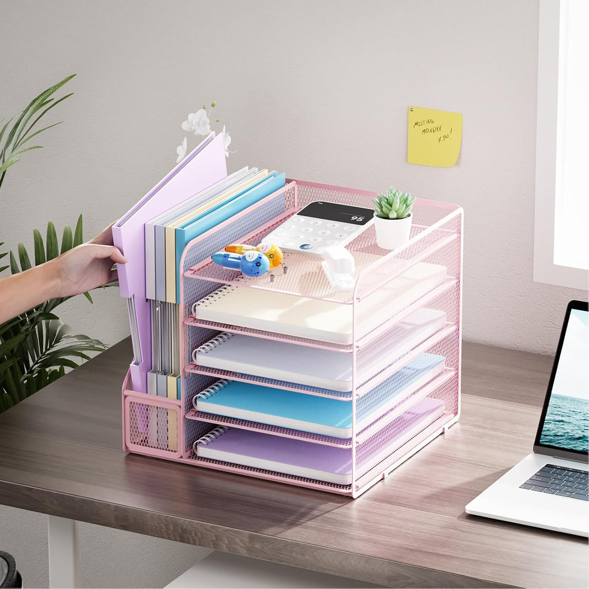 Marbrasse Desk Organizers and Accessories, 5-Tier Paper Letter Tray Organizer with File Holder, Mesh File Organizer for Desk, Office Desk Accessories & Organization for Supplies (Pink)