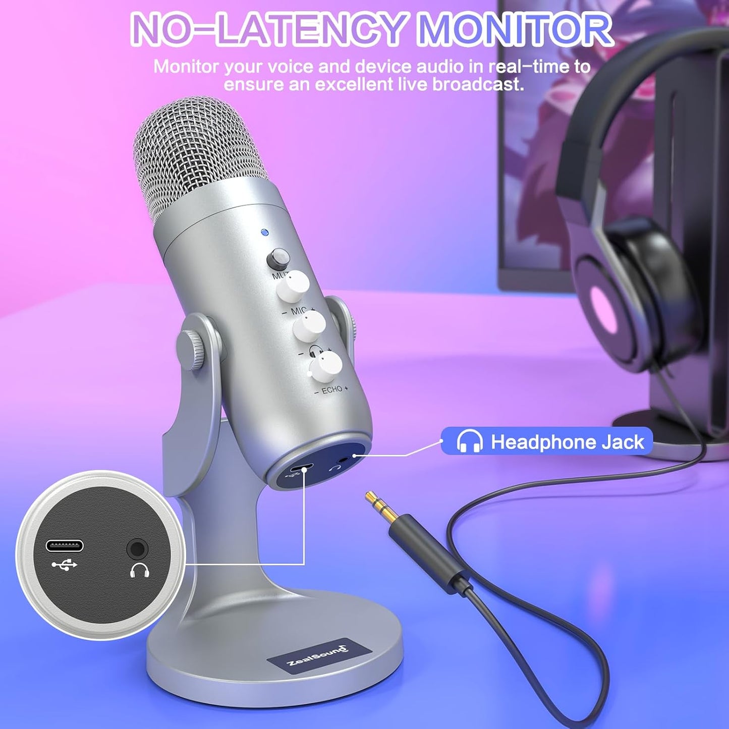 ZealSound USB Microphone,Condenser Phone Computer PC Mic kit,Plug&Play Gaming Microphones for PS 4&5.Mic Gain&Volume Control,Echo &Mute Button for Vocal,Record,Streaming,Discord YouTube Podcast on Mac