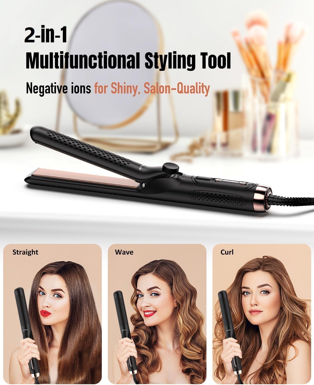 360° Airflow Styler Curling Iron, 2 in 1 Hair Straightener and Curler with Vented Cool Air to Lock in Style, 1.25 Inch Extra Long Flat Iron Curling Iron in One, Dual Voltage for Travel, LCD Display