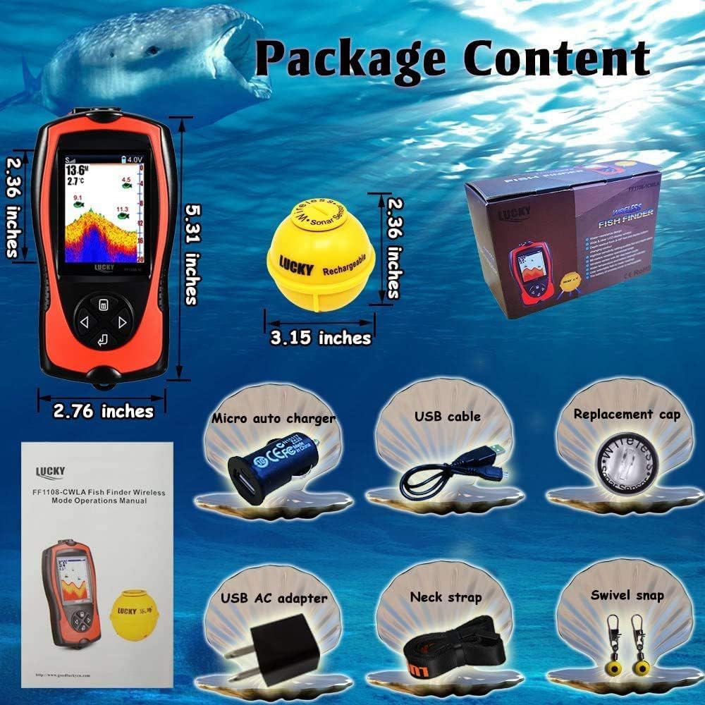 LUCKYLAKER Portable Fish Finder Transducer Sonar Sensor 147 Feet Water Depth Finder LCD Screen Echo Sounder Fishfinder with Fish Attractive Lamp for Ice Fishing Sea Fishing