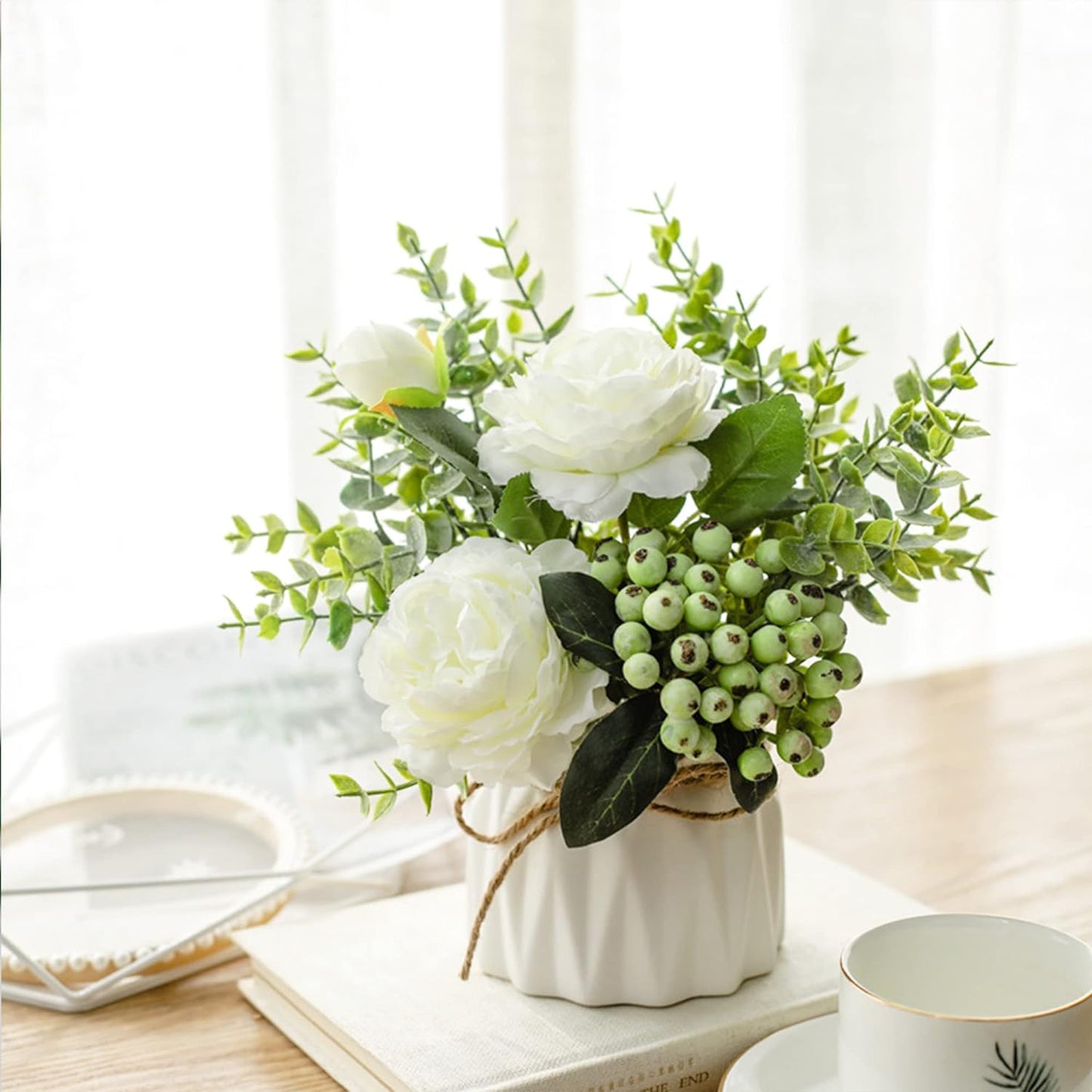 BLOSMON White Fake Flowers with Vase: Small Coffee Table Decor Bathroom Hydrangea Faux Flowers in Vase Office Desk Shelf Home Living Room Bedroom Vanity nightstand Decorations Floral Arrangement