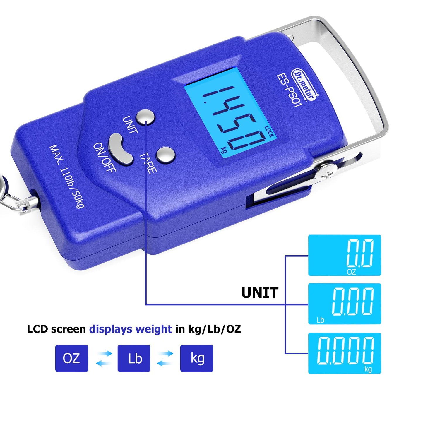 Fish Scale, Dr.meter 110lb/50kg Backlit LCD Display Digital Scale with Built-in Measuring Tape - Electronic Fishing Postal Hanging Hook Scale with 2 AAA Batteries, Pocket Size