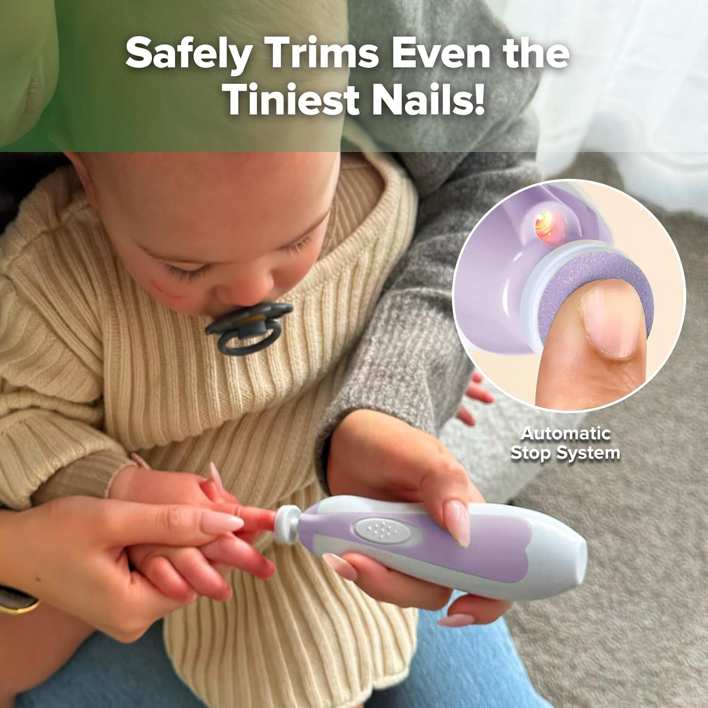 haakaa Baby Nail Trimmer Electric Safe Baby Nail Clippers Baby Nail File Kit Manicure Set, Trim Polish Grooming kit for Newborn Toddler or Adults Toes Fingernails, 6 Grinding Heads and LED Light