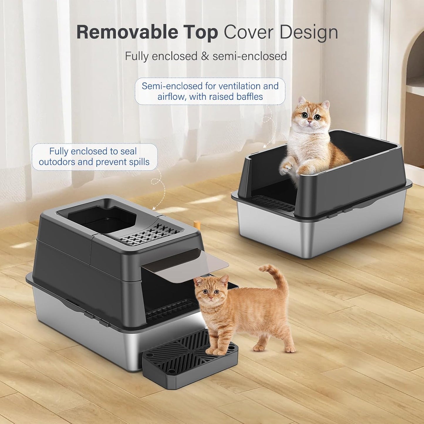Stainless Steel Litter Box with Lid, XL Extra Large Enclosed Cat Litter Box for Big Cats 110° Flip Cover, Top Entry Metal High Sided Litter Box & Pedal & Scoop, Anti-Leakage (Grey)