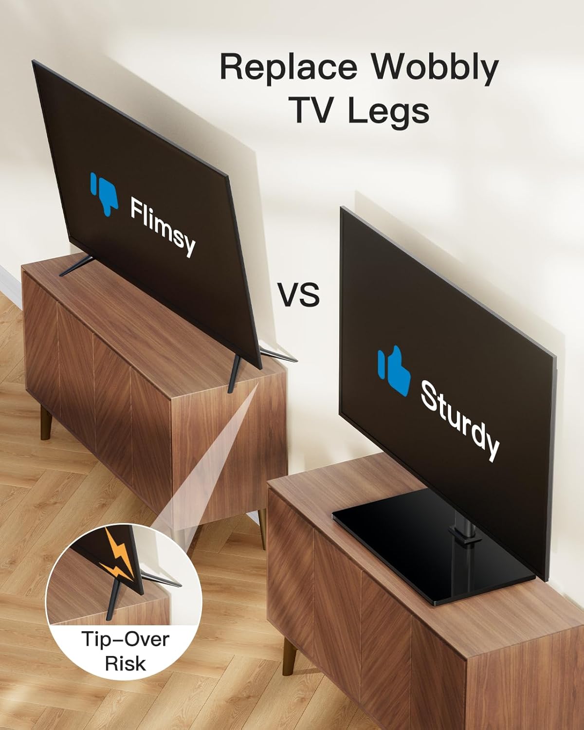PERLESMITH Universal TV Stand - Table Top TV Stand for 32-60 inch LCD LED TVs - Height Adjustable TV Base Stand with Tempered Glass Base & Wire Management, VESA 400x400mm
