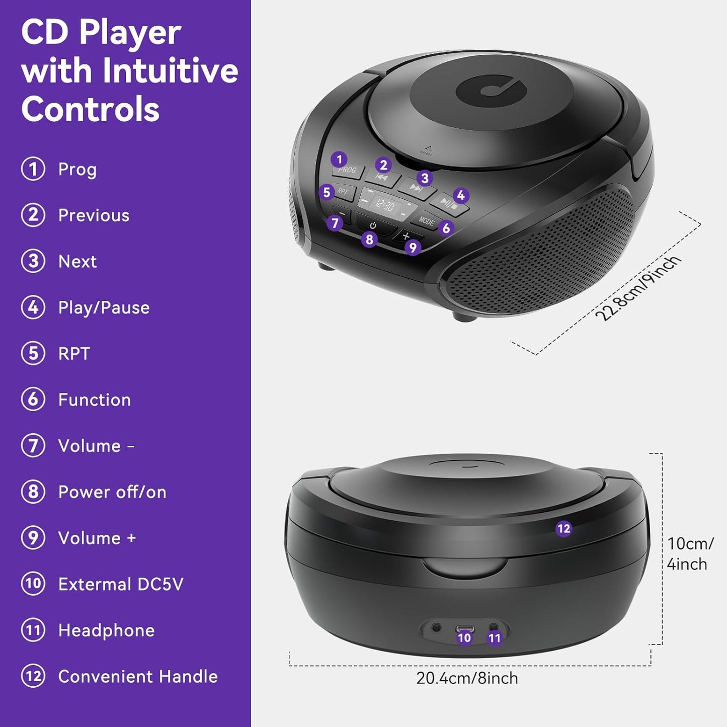 Gueray CD Player Portable Boombox: Home Audio CD Players with Speakers FM Radio AUX Input Support Headphones Playlist Mode PROG Playback for Outdoor Indoor Audiobooks