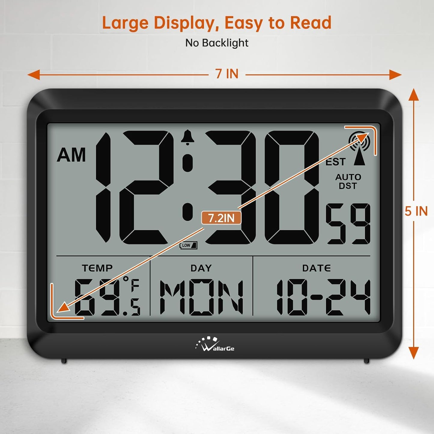 WallarGe Atomic Digital Wall Clock Battery Operated, Self-Setting, Large Display with Temperature, Date, Day of The Week, Silent Wall Mount Digital Clock, 4 Time Zones, DST