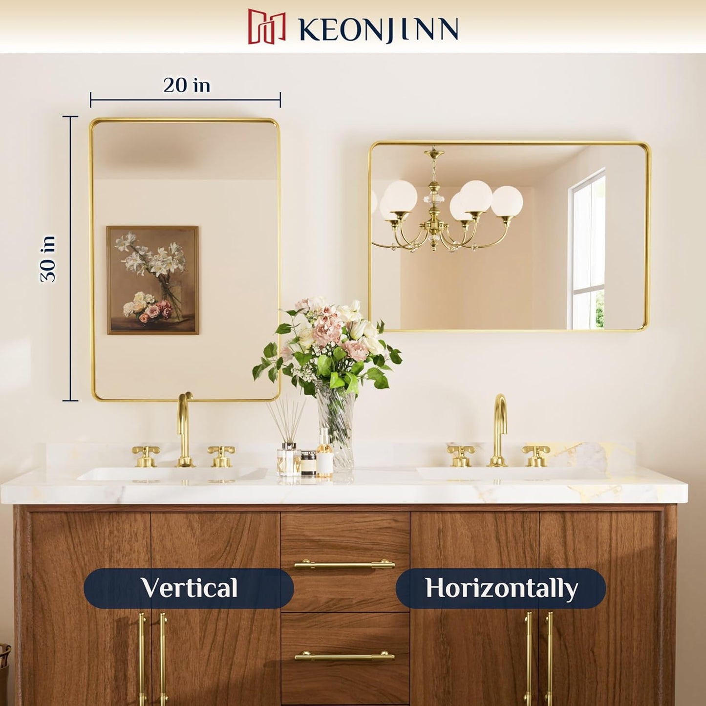 Keonjinn 42 x 36 Brushed Nickel Bathroom Vanity Mirror, Large Rounded Rectangle Bathroom Mirrors for over Sink, Metal Framed Silver Mirror for Wall, Shatterproof HD Tempered Glass(Horizontal/Vertical)