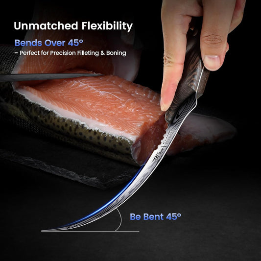 SYOKAMI Fillet Knife, Razor Sharp 7.2 Inch Boning Knife, High Carbon Stainless Steel Filet Knives with High Flexibility, Wooden Handle, Full Tang Damascus Pattern Fish Knives, Ideal for Gifting - PuriLite