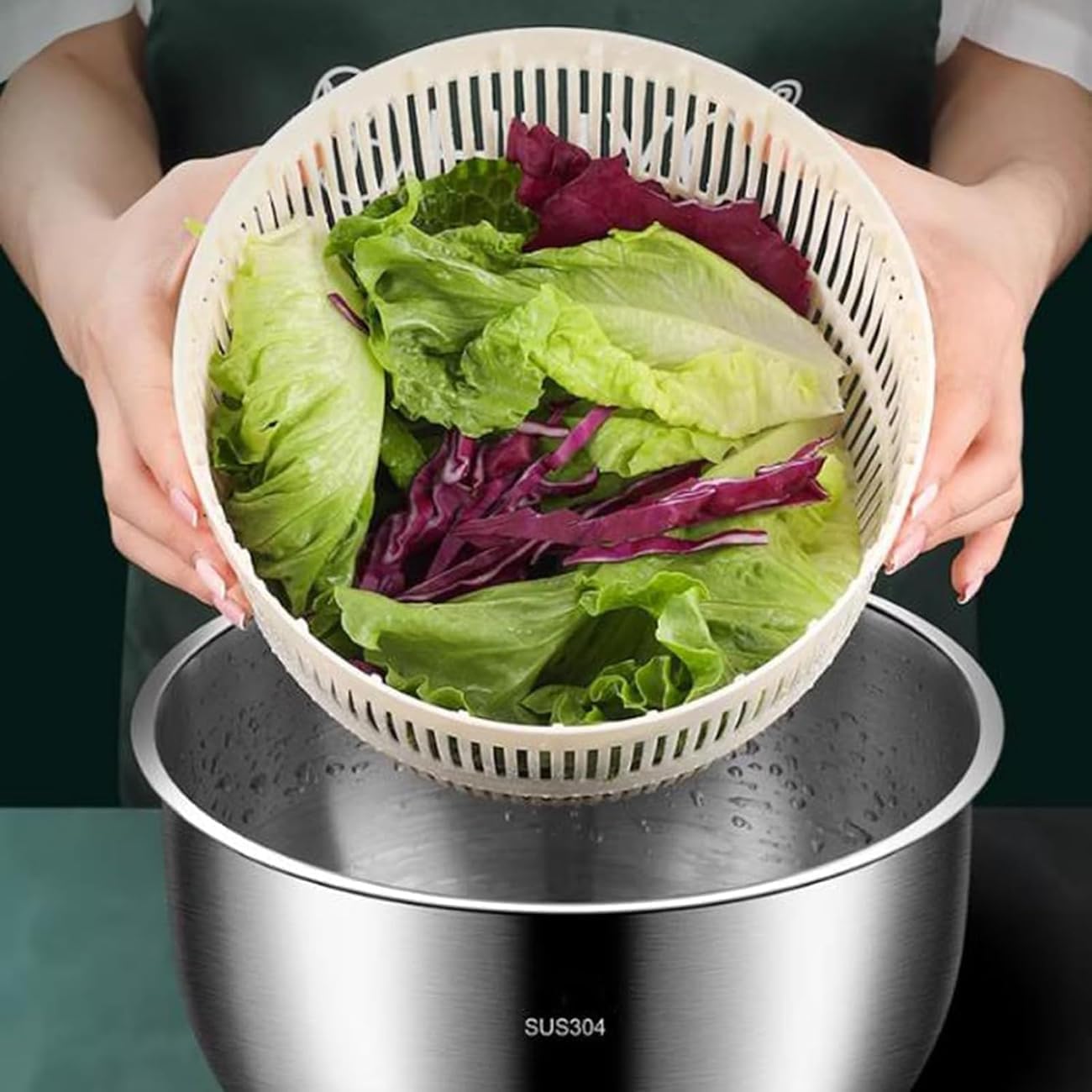 Salad Spinner, Large Stainless Steel Vegetable Washer, 5.3 Qt Plastic Lid for Washing Pasta and Fries, Durable Kitchen Tool