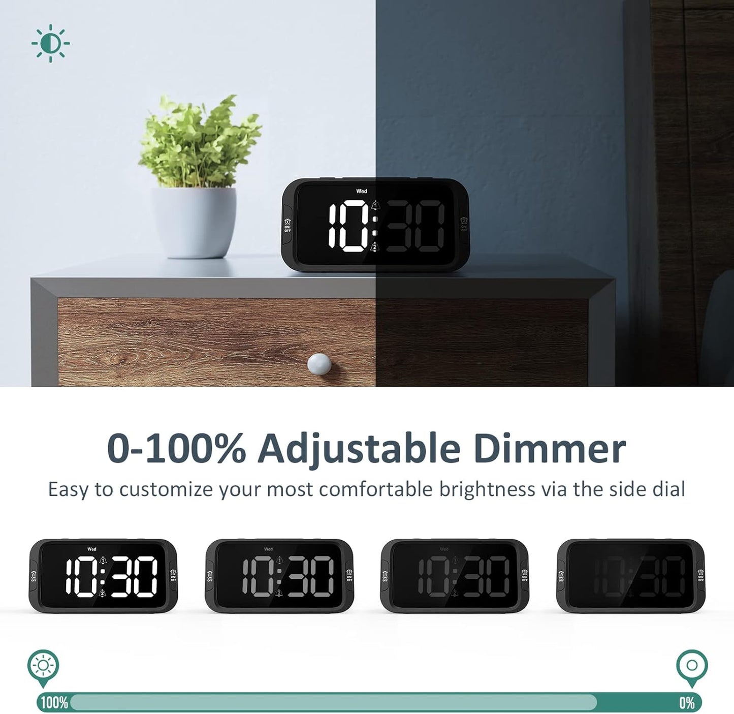 Odokee Digital Dual Alarm Clock for Bedroom, Easy to Set, 0-100% Dimmer, USB Charger, 5 Sounds Adjustable Volume, Weekday/Weekend Mode, Snooze, 12/24Hr, Battery Backup, Compact Clock for Bedside(Blue)