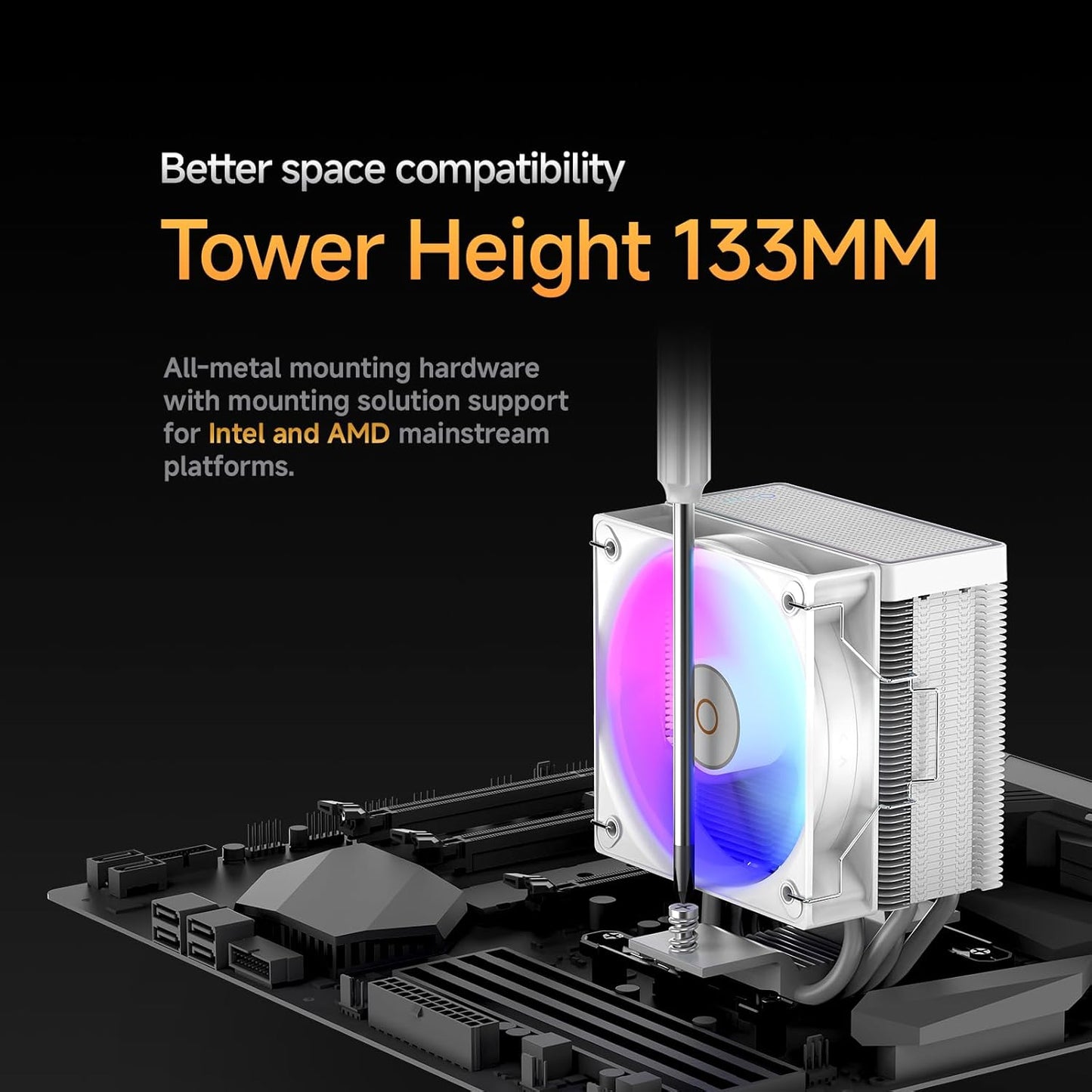 Gamma A40 ARGB WH CPU Cooler,100mm PWM Fan,133mm Height Single Tower Computer CPU Air Cooler,4 Copper Heat Pipes,ARGB Function,Fancy Top Cover,for Intel LGA 115X/1200/1700/1851&AMD AM4/AM5