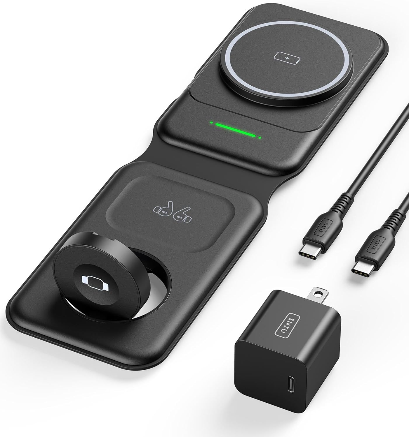 INIU 3 in 1 Wireless Charging Station, Qi2 Certified 15W Travel Charger for Apple Multiple Devices, Foldable Charger Stand for iPhone 16 15 14 13 12 Series Apple Watch AirPods (with Adapter)