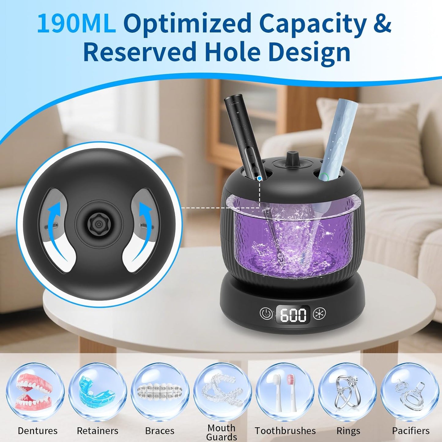 Morole Ultrasonic Retainer Cleaner, 45kHz Split Retainer Cleaner, 3 Mode Ultrasonic Cleaner, Dental Pod with IPX7 Waterproof, Ultrasonic Dental Cleaner for Mouth Guards, Braces, Jewelry(Black)