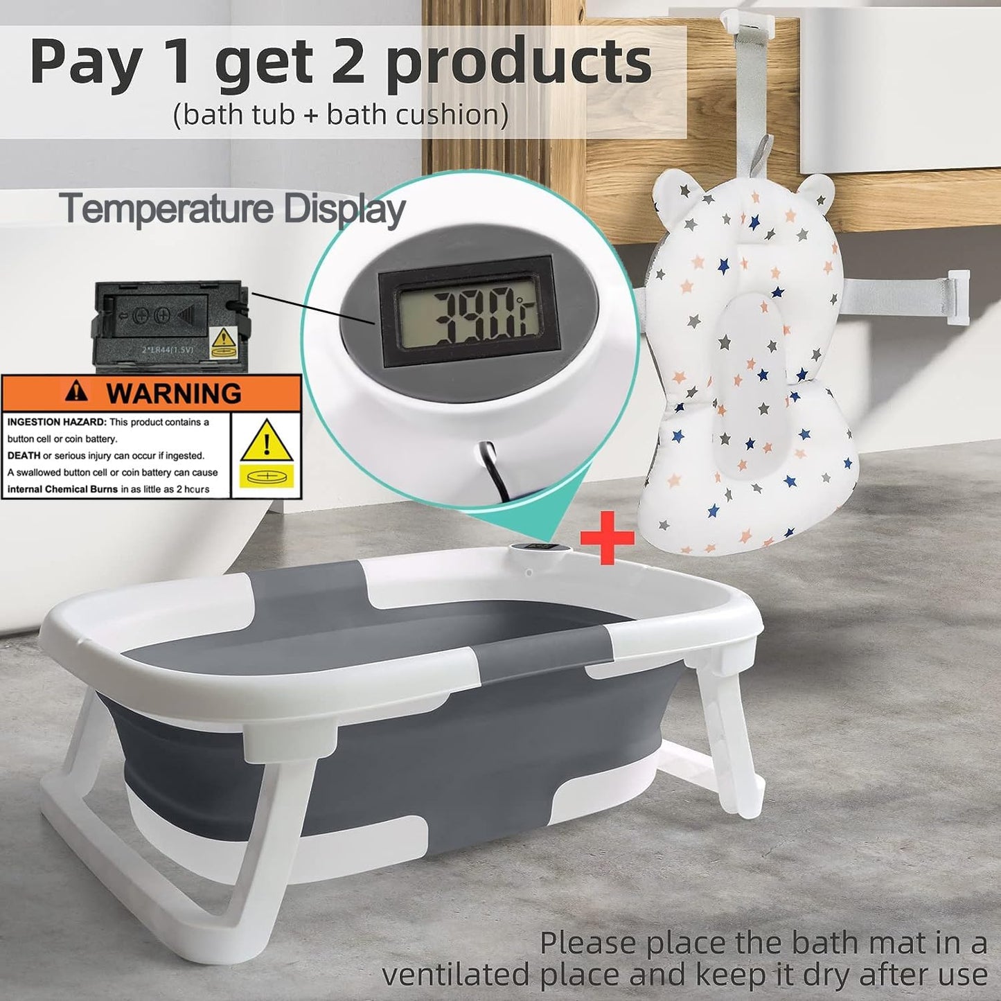 Befol Collapsible Baby Bathtub for Infants to Toddler, Portable Travel Bathtub Multifunctional Bathtub with Drain Hole, Baby Folding Bathtub for Newborn 0-36 Month (grey+Floating Baby Bath Cushion)