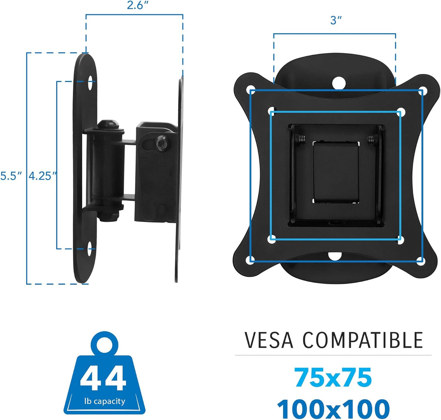 Mount-It! MI-2829 Small TV Monitor Wall Mount | RV TV Mount | VESA Wall Mount | Fits 19 20 21 22 23 24 25 27 32 Inch Screens | 75 100 VESA Compatible | Low-Profile Slim Design | 44lb Capacity