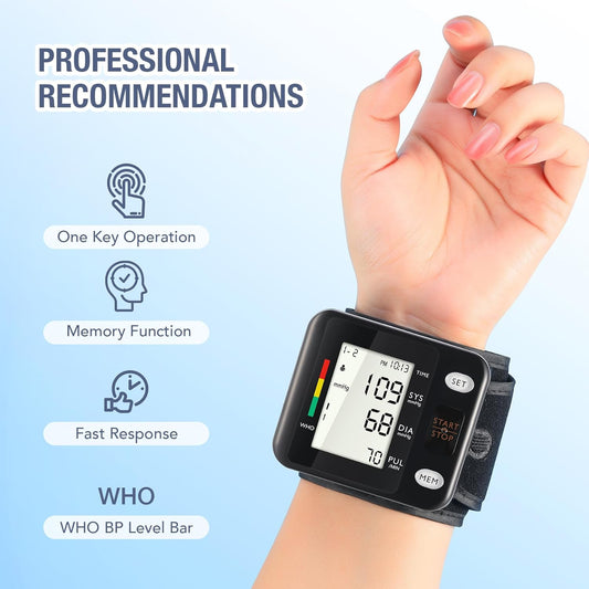 WRIST DIGITAL BLOOD PRESSURE MONITOR MACHINE BP CUFF FOR HOME USE (Black, Backlit LCD Display) - PuriLite