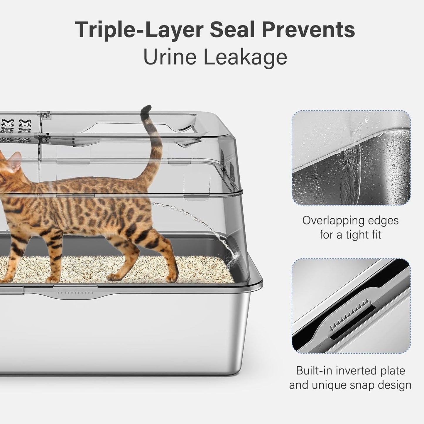 Stainless Steel Litter Box with Lid, XL Extra Large Enclosed Cat Litter Box for Big Cats 110° Flip Cover, Top Entry Metal High Sided Litter Box & Pedal & Scoop, Anti-Leakage (Grey)