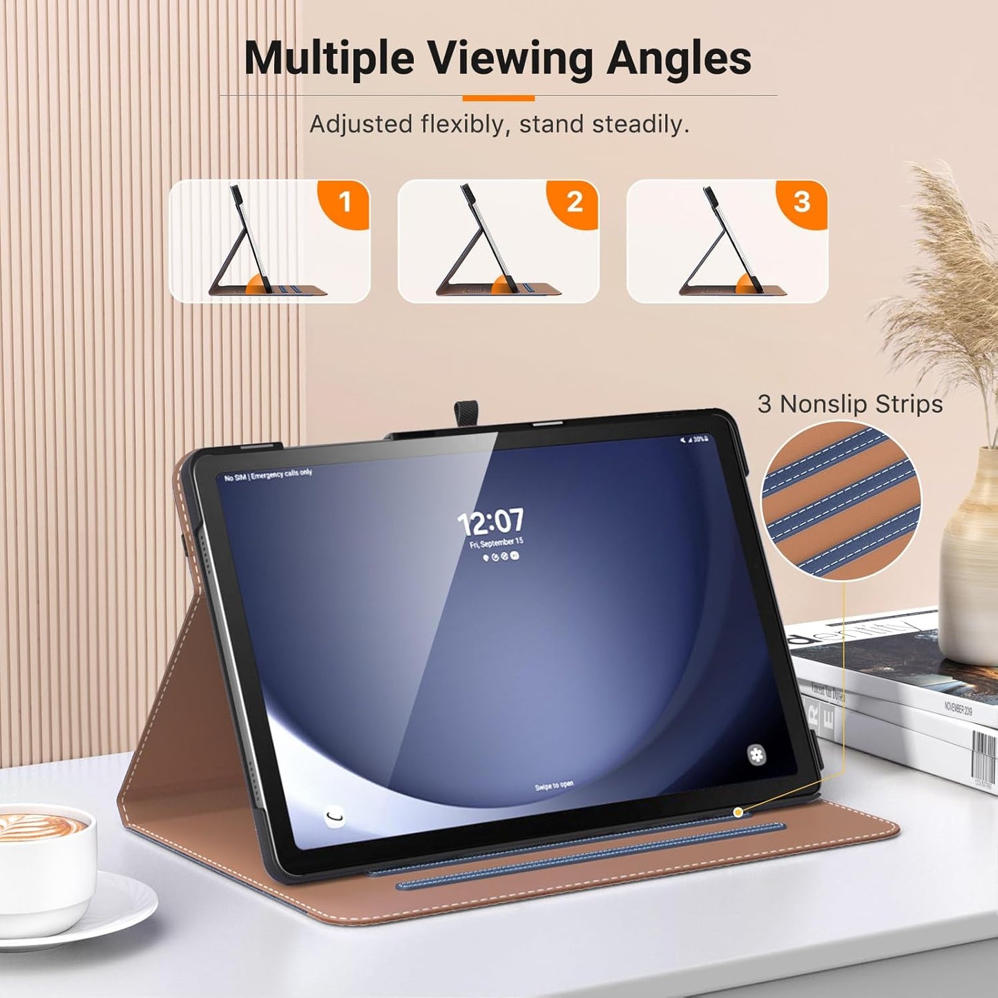 MoKo Case for Samsung Galaxy Tab A9 Plus 11" 2023 (SM-X210/SM-X216/SM-X218), PU Leather Multi-Angle Viewing Folding Stand Cover Case with Hand Strap, Front Pocket, Auto Wake/Sleep, Denim Blue & Brown